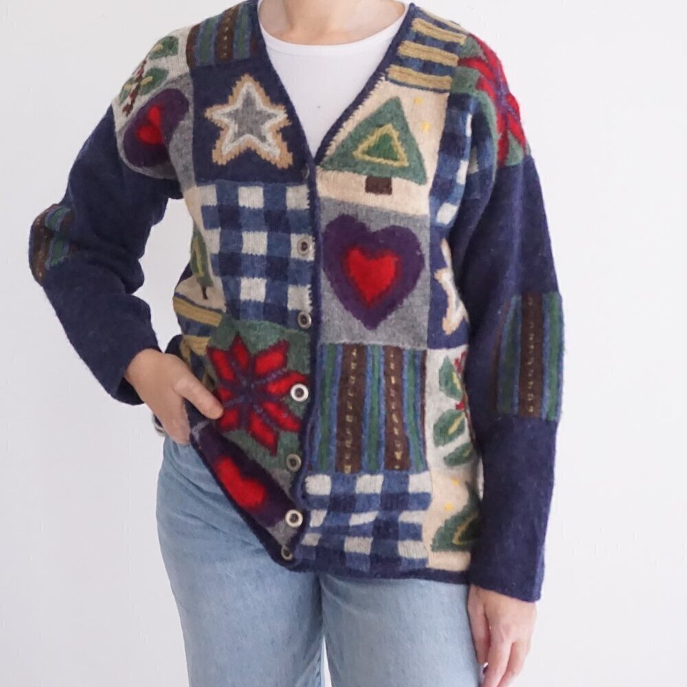Vintage Knitted By Hand Navy Knit 100% Wool Heart Northern Isles Cardigan S